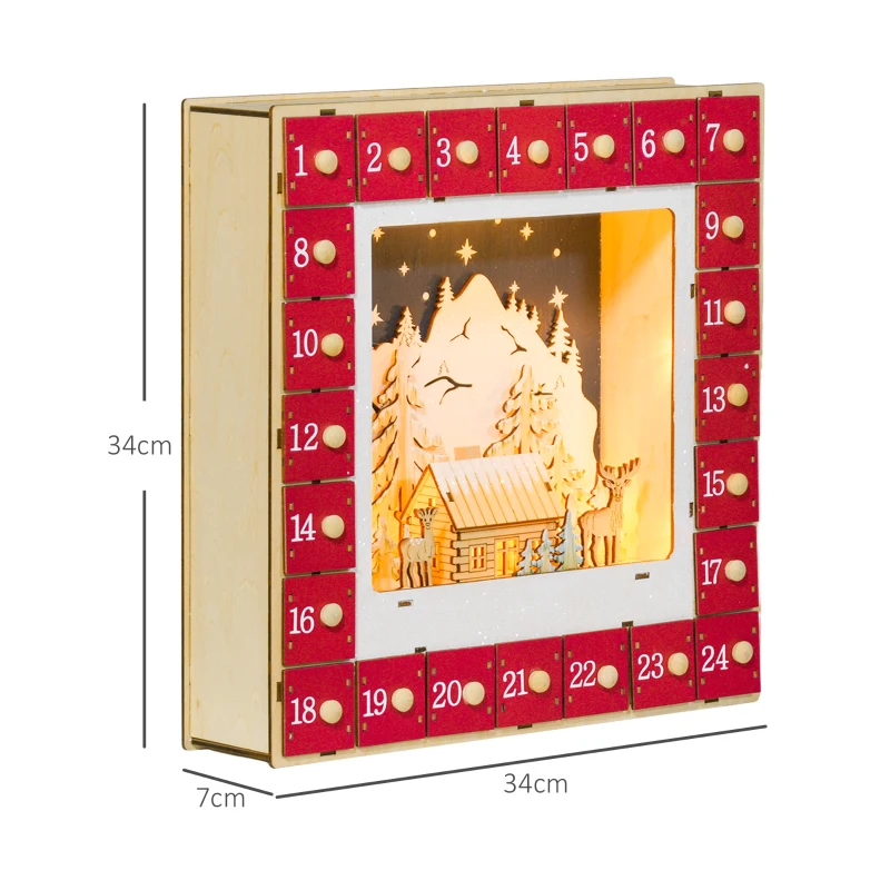 HOMCOM LED Adventskalender met Dorpstafereel, 24 Grote Lades, MDF, 34 x 7 x 34 cm, Rood