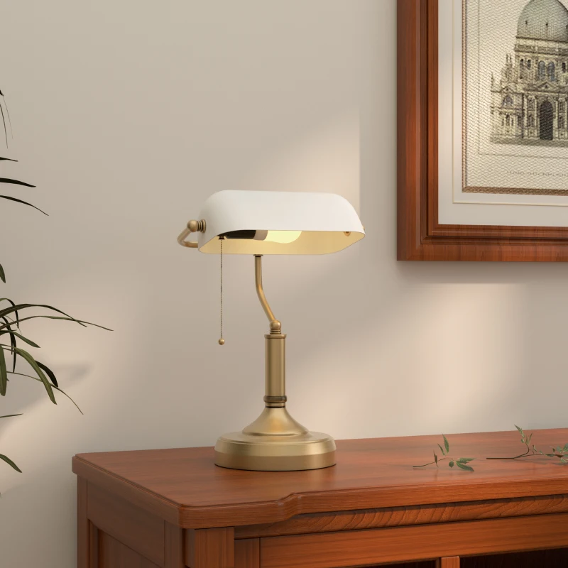 HOMCOM Banker's Desk Lamp with Antique Bronze Tone Base, Table Lamp with White Glass Shade for Home Office, White