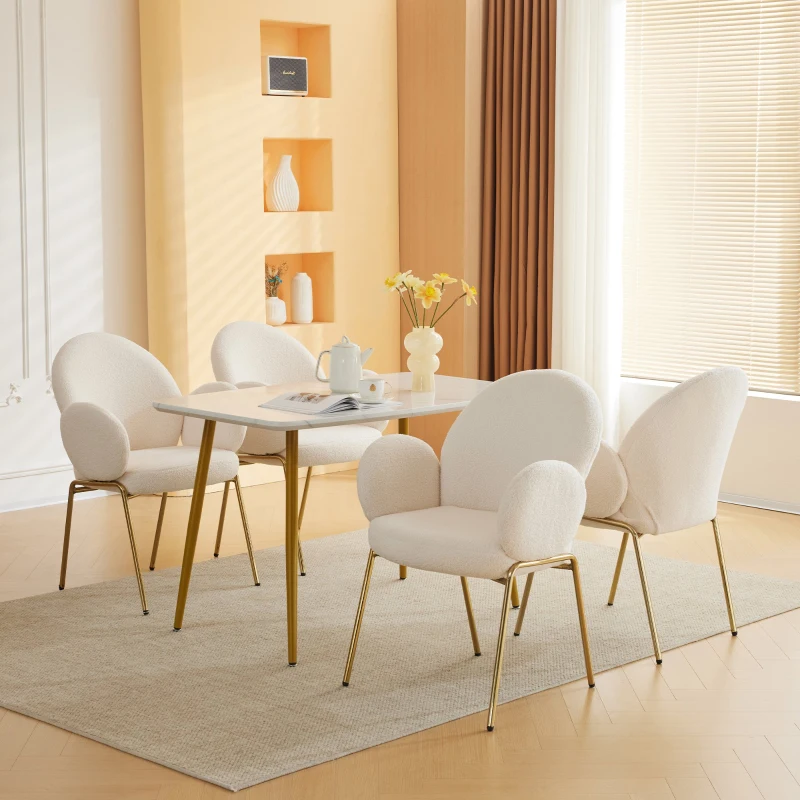 Ensemble de 4 chaises rembourrées pour salle à manger en tissu Teddy avec dossier haut et pieds en métal, idéales pour salle à manger et salon, Blanc