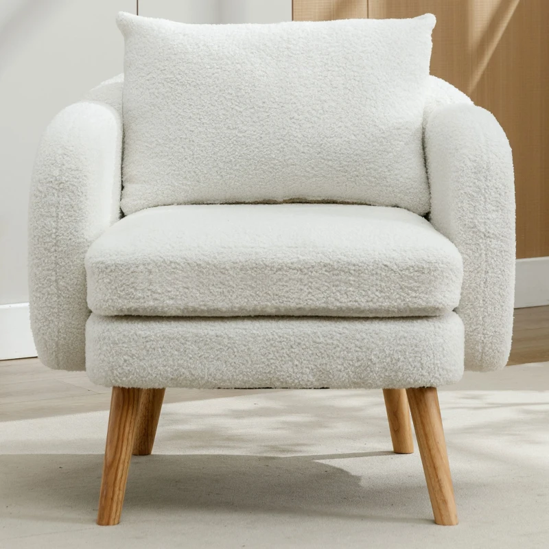 Fauteuil Lounge en Velours Teddy Moderne et Simple avec Coussin, Assise Extra Épaisse, 71x72x71 cm, Blanc