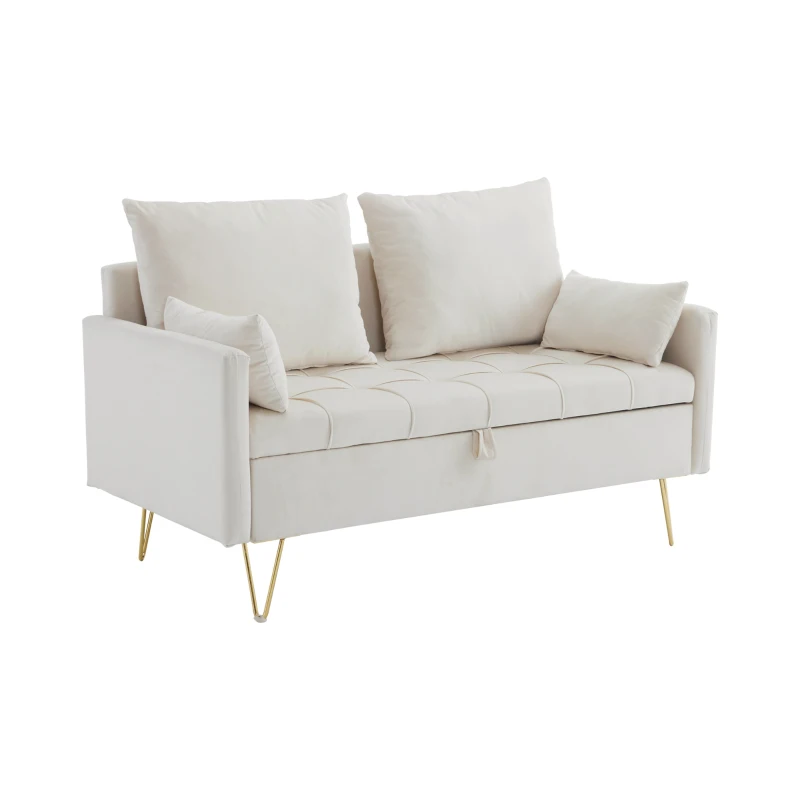 Divano Moderno in Velluto a 2 Posti con Contenitore e Cuscini, Gambe in Metallo Dorato, Ideale per Soggiorno e Ufficio, 135x71x71 cm, Beige