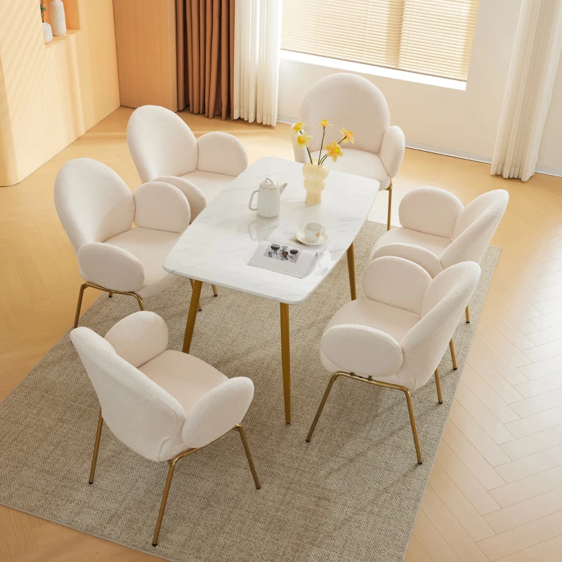 Set di 6 Sedie Imbottite per Sala da Pranzo in Tessuto Teddy con Schienale Alto e Gambe in Metallo, 66x49,5x90 cm, Bianco