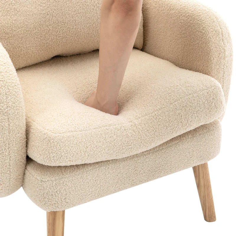 Fauteuil Relax Moderne en Velours Teddy avec Coussin, Assise Extra Épaisse, 71x72x71 cm, Fauteuil Lounge de Salon, Beige