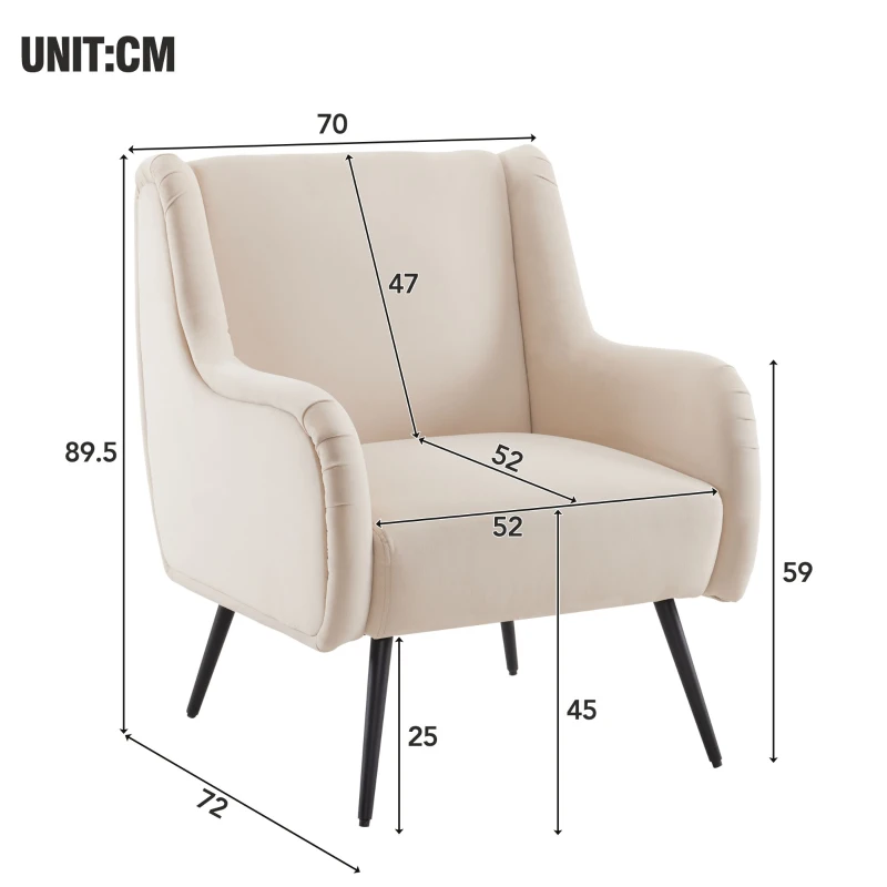 Poltrona da Salotto Moderna in Velluto con Schienale Alto, Braccioli in Metallo, Poltrona Design e Poltroncine da Salotto, Beige