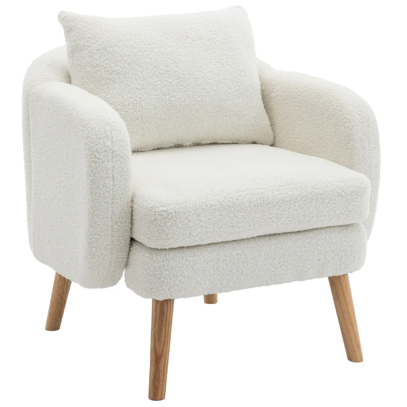 Poltrona da Salotto in Velluto Teddy Moderna e Semplice con Cuscino, Seduta Extra Spessa, Struttura in Legno Massello, 71x72x71cm, Bianco