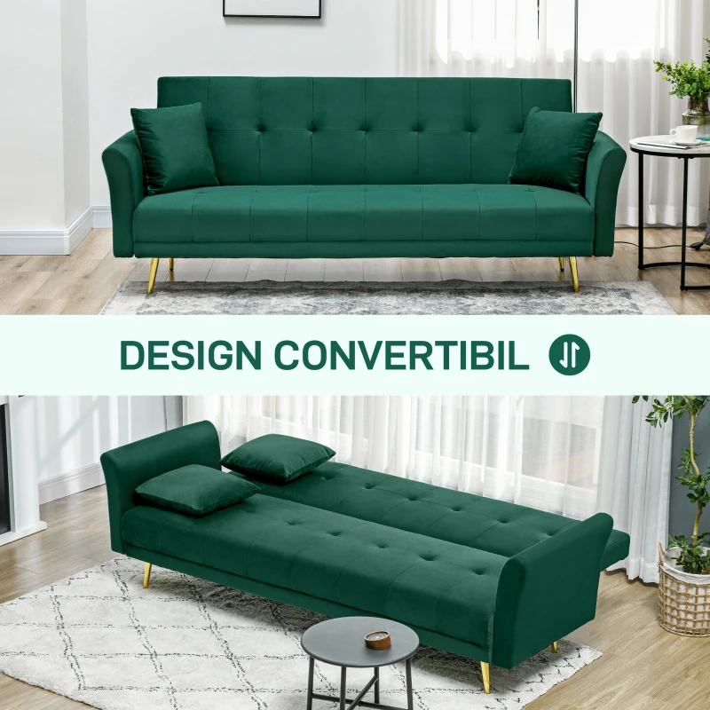 HOMCOM Canapea Extensibilă Clic Clac cu Spătar Reglabil și 2 Perne, din Material cu Efect Catifea, 215x83x87 cm, Verde