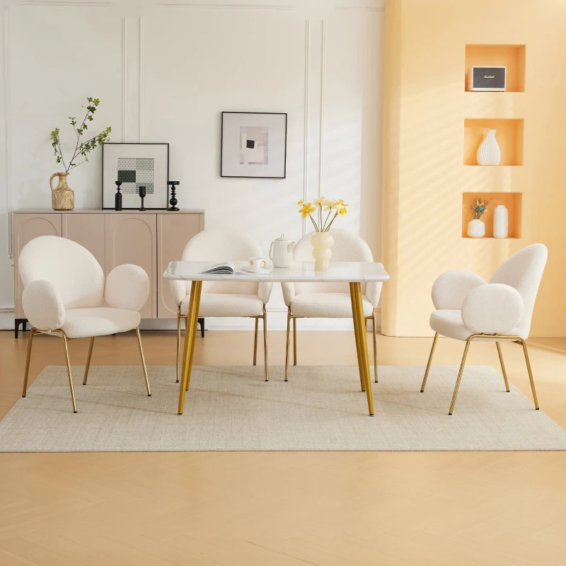 Set di 4 Sedie Imbottite per Sala da Pranzo in Tessuto Teddy con Schienale Alto e Gambe in Metallo, Ideali per Sala da Pranzo e Salotto, Bianco
