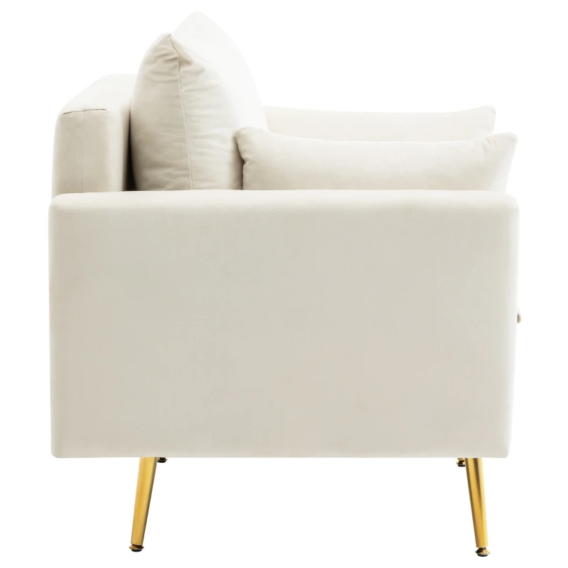 Poltrona Design Minimalista in Velluto con Ottomana Contenitore, Cuscini Decorativi e Braccioli, Gambe in Metallo Dorato, 71x71x76 cm, Beige