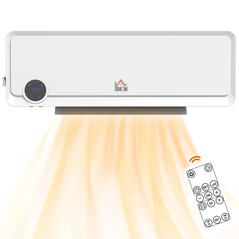 HOMCOM Wall Downflow Heater 2 Heat and Fan 1000W/2000W, Electric Space Heater with Timer Remote Oscillating, for Bedroom Home Office, White