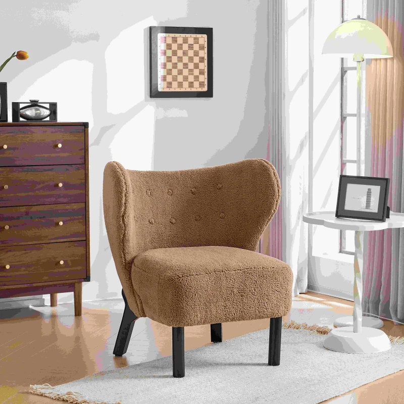 Fauteuil de Relaxation Moderne pour Salon, Chambre et Balcon avec Dossier Haut et Pieds en Bois, en Tissu Sherpa, Design Élégant, Large Assise, Marron