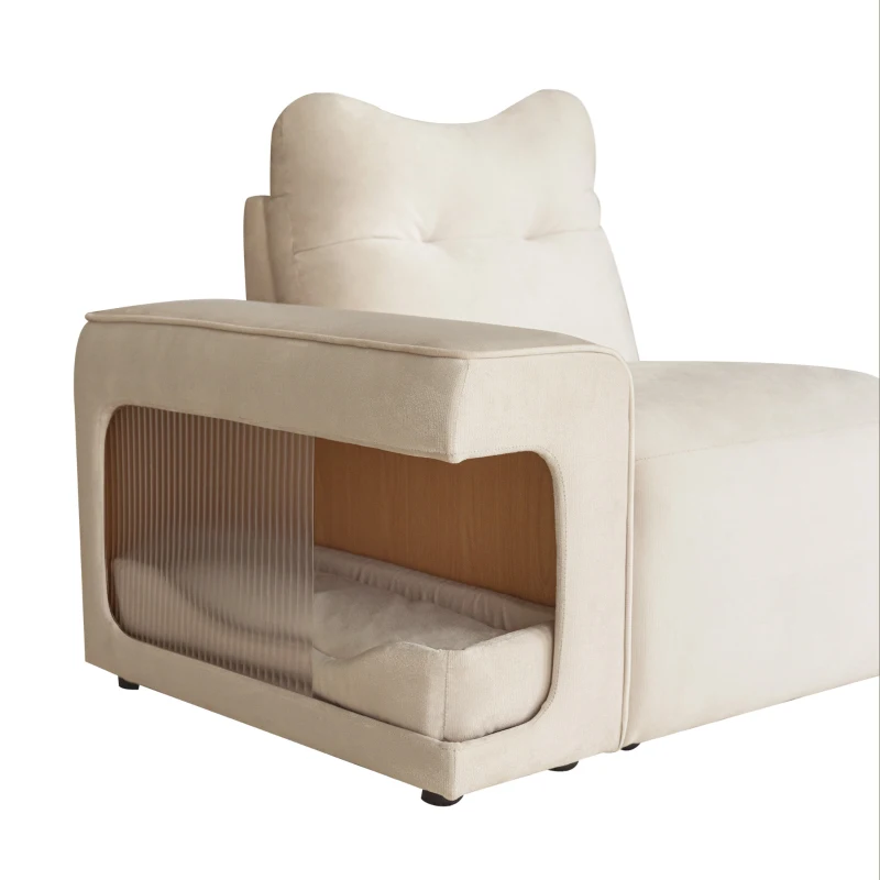 Divano Letto per Piccoli Animali Domestici a 3 Posti in Velluto Antigraffio con Nidi per Gatti Integrati e Cuscini, 228x73x79,5 cm, Beige