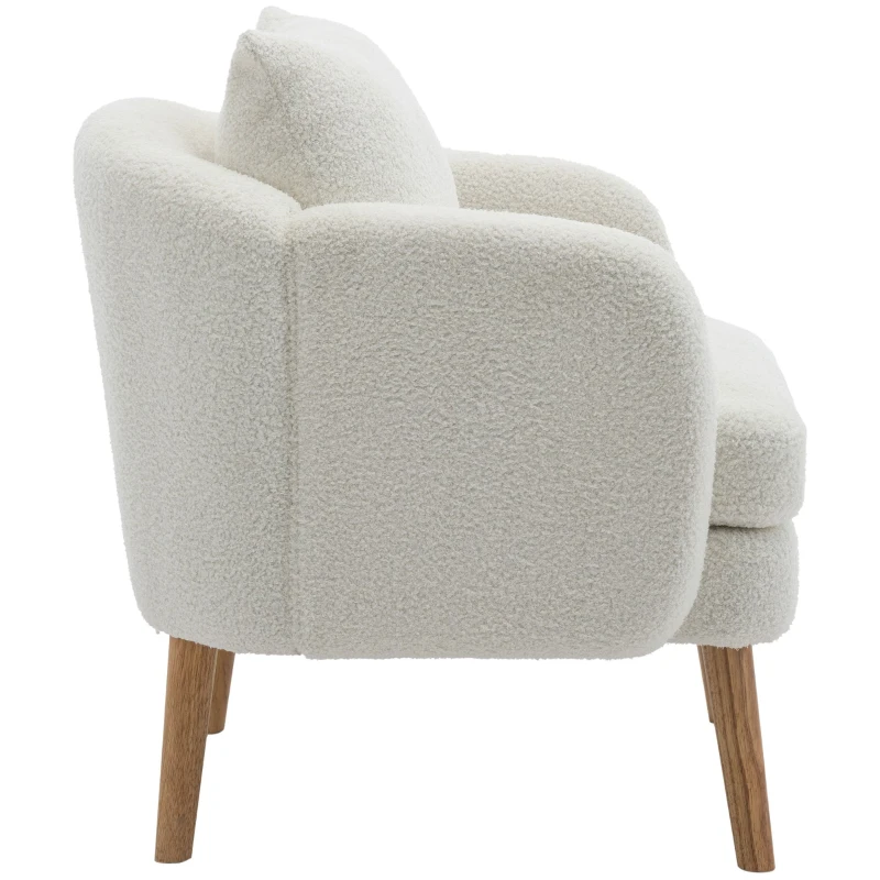 Poltrona da Salotto in Velluto Teddy Moderna e Semplice con Cuscino, Seduta Extra Spessa, Struttura in Legno Massello, 71x72x71cm, Bianco