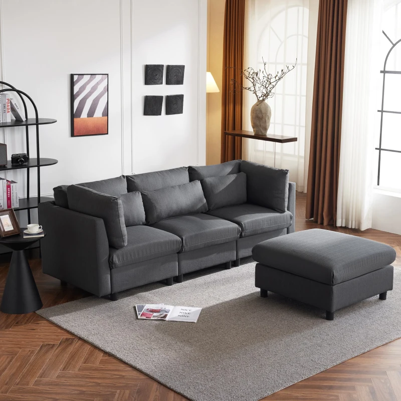 Canapé-lit d'angle moderne trois places avec repose-pieds, coussins lombaires réglables et accoudoirs rembourrés, 220x157x81 cm, Gris