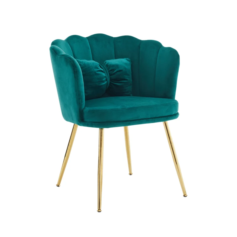 Ensemble 4 chaises salle à manger, salon en velours avec dossier en forme de pétale, pieds métalliques dorés et coussins en forme de papillon, Vert