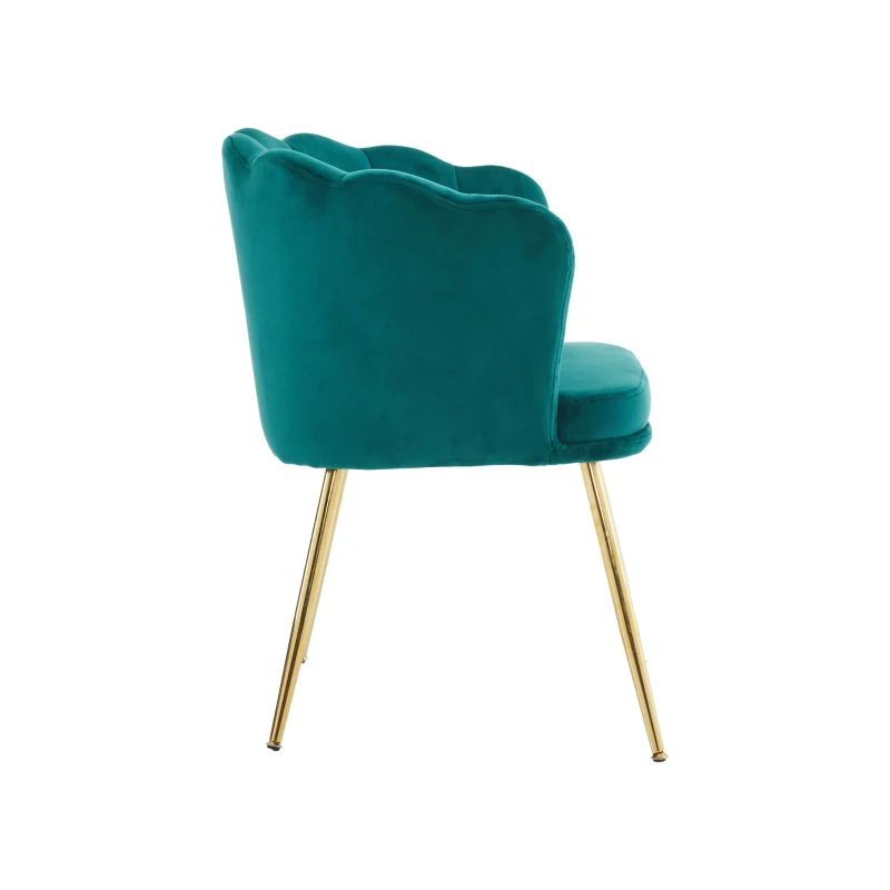 Ensemble 4 chaises salle à manger, salon en velours avec dossier en forme de pétale, pieds métalliques dorés et coussins en forme de papillon, Vert