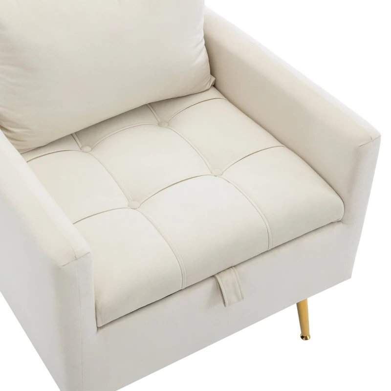 Poltrona Design Minimalista in Velluto con Ottomana Contenitore, Cuscini Decorativi e Braccioli, Gambe in Metallo Dorato, 71x71x76 cm, Beige