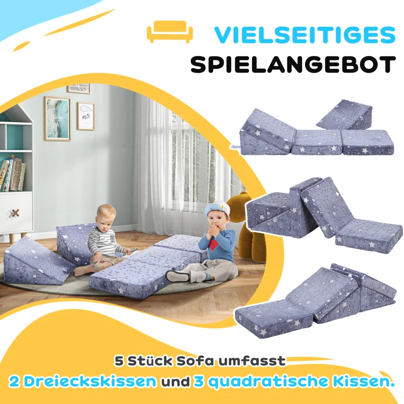 AIYAPLAY Modularny zestaw kanap dla dzieci, 5-częściowy, schody, materac, tor przeszkód, wzór z kucykiem i gwiazdami, Szary