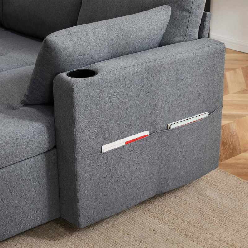 Canapé-Lit Convertible 3 Places avec Chaise Longue Réversible, Rangement Caché et Poches de Rangement, Design Scandinave Moderne, Gris