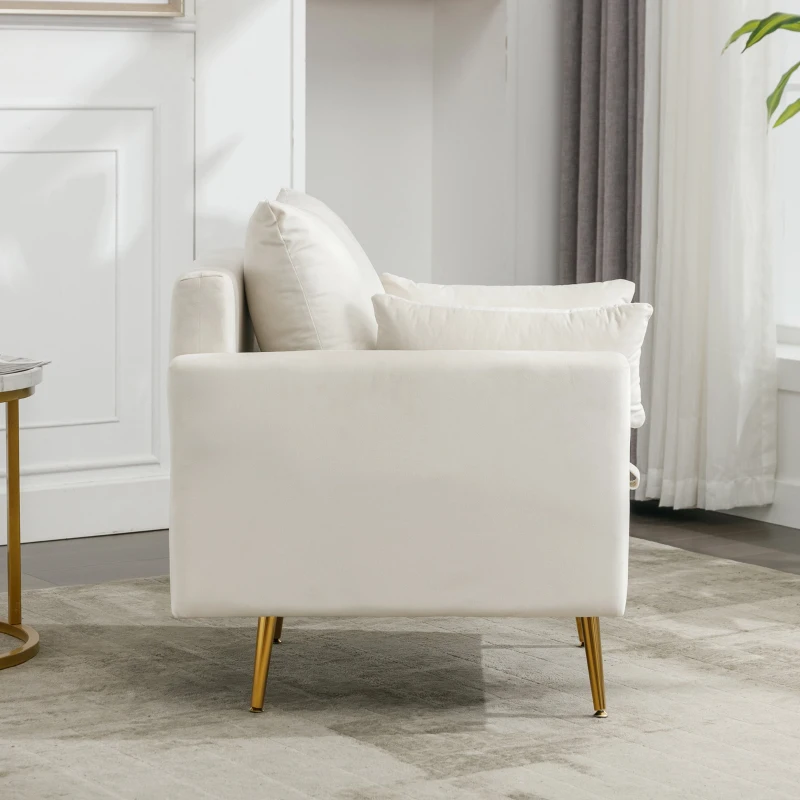 Poltrona Design Minimalista in Velluto con Ottomana Contenitore, Cuscini Decorativi e Braccioli, Gambe in Metallo Dorato, 71x71x76 cm, Beige