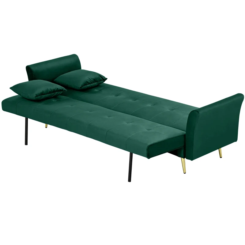 HOMCOM Canapea Extensibilă Clic Clac cu Spătar Reglabil și 2 Perne, din Material cu Efect Catifea, 215x83x87 cm, Verde