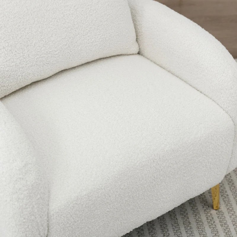Fauteuil Lounge en Velours Teddy Moderne et Simple avec Coussin, Structure en Bois Massif et Pieds en Métal Doré, 75,5x75x81 cm, Blanc