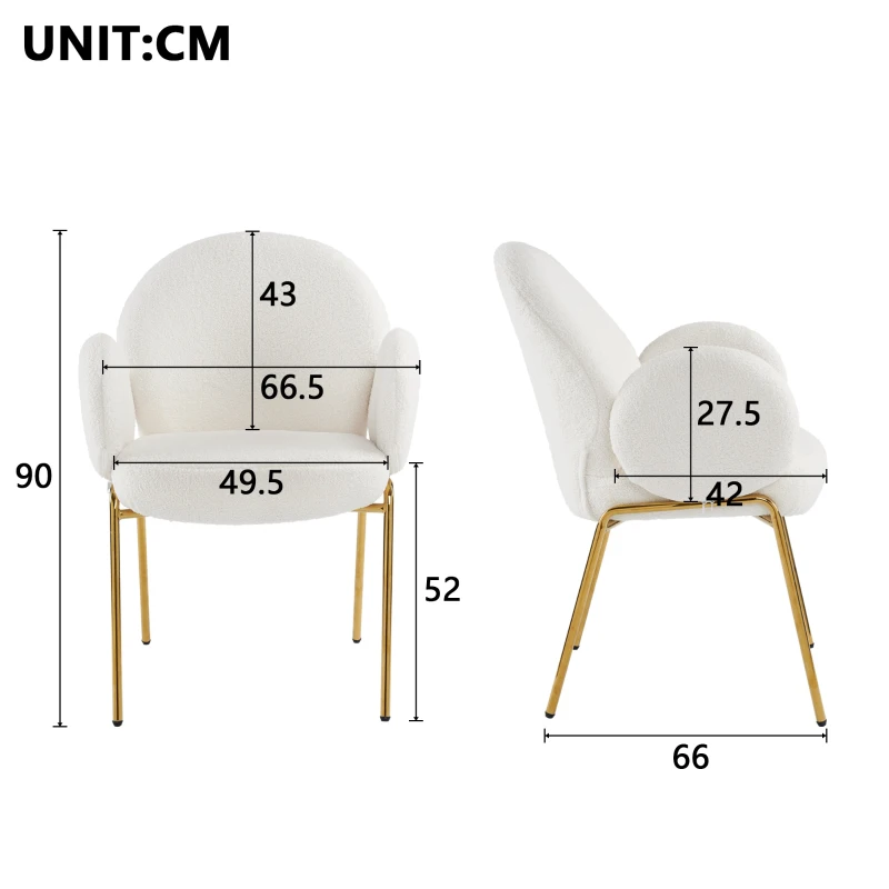 Ensemble de 4 chaises rembourrées pour salle à manger en tissu Teddy avec dossier haut et pieds en métal, idéales pour salle à manger et salon, Blanc