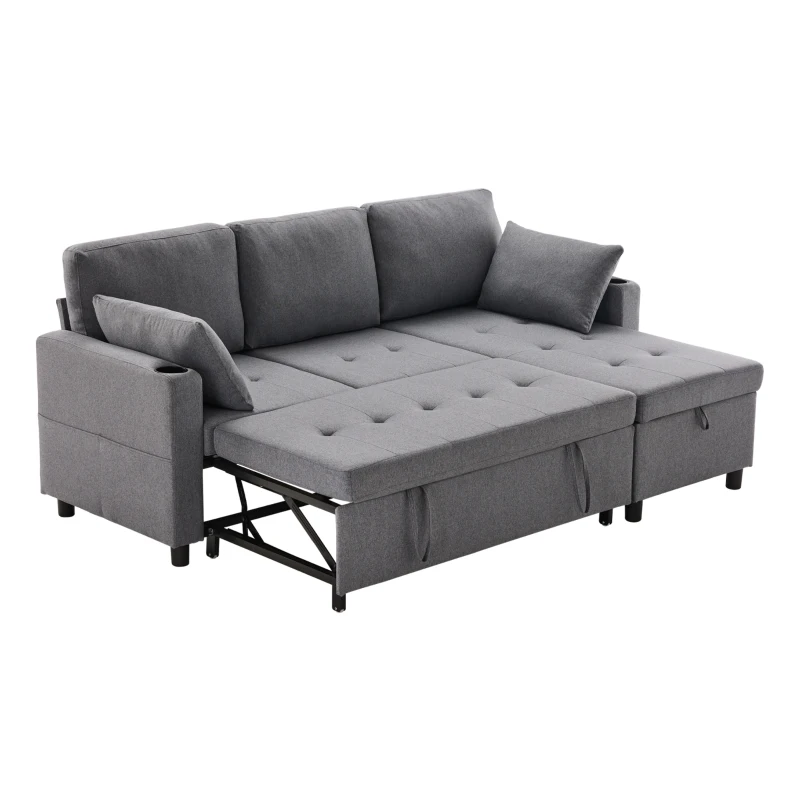 Canapé-Lit Convertible 3 Places avec Chaise Longue Réversible, Rangement Caché et Poches de Rangement, Design Scandinave Moderne, Gris