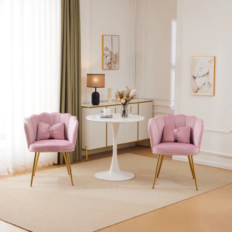 Ensemble de 2 Chaises de Bureau en Velours avec Dossier en Pétale, Pieds Métalliques Dorés et Coussins Papillon, 63x58x77 cm, Rose