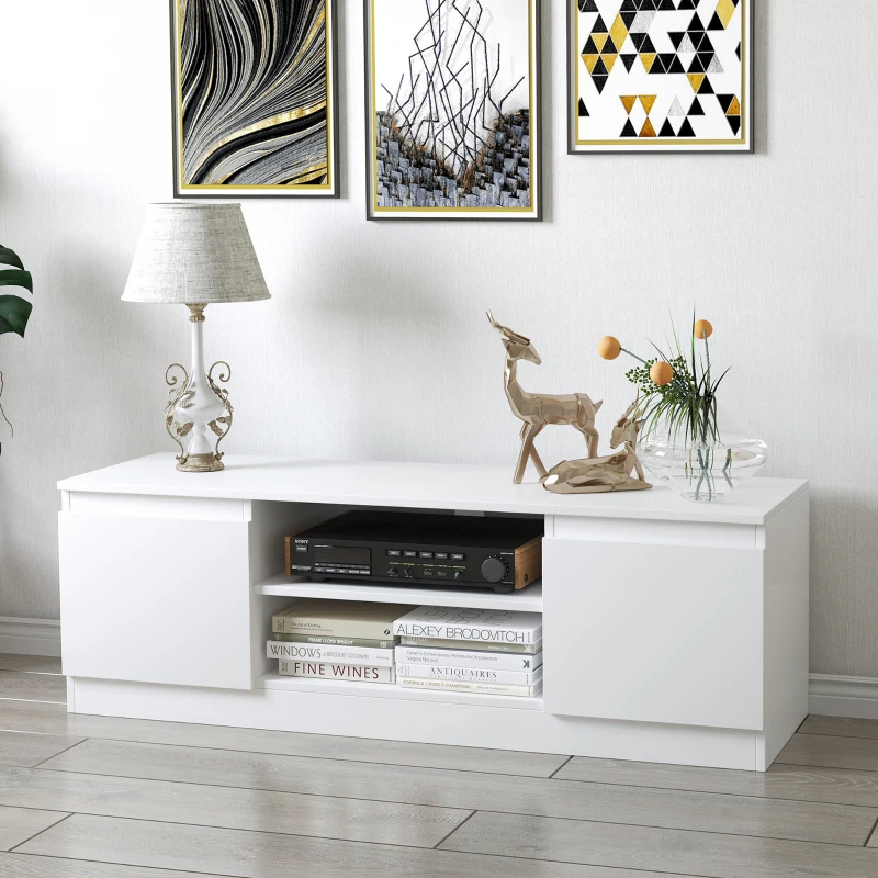 HOMCOM Mesa de TV de Sala com 2 Portas 2 Prateleiras Abertas Móvel para Televisores de 55 Polegadas 120x39,5x40 cm Branco