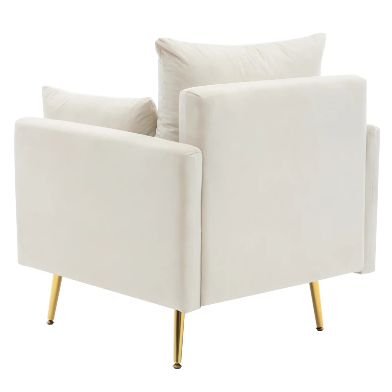 Poltrona Design Minimalista in Velluto con Ottomana Contenitore, Cuscini Decorativi e Braccioli, Gambe in Metallo Dorato, 71x71x76 cm, Beige