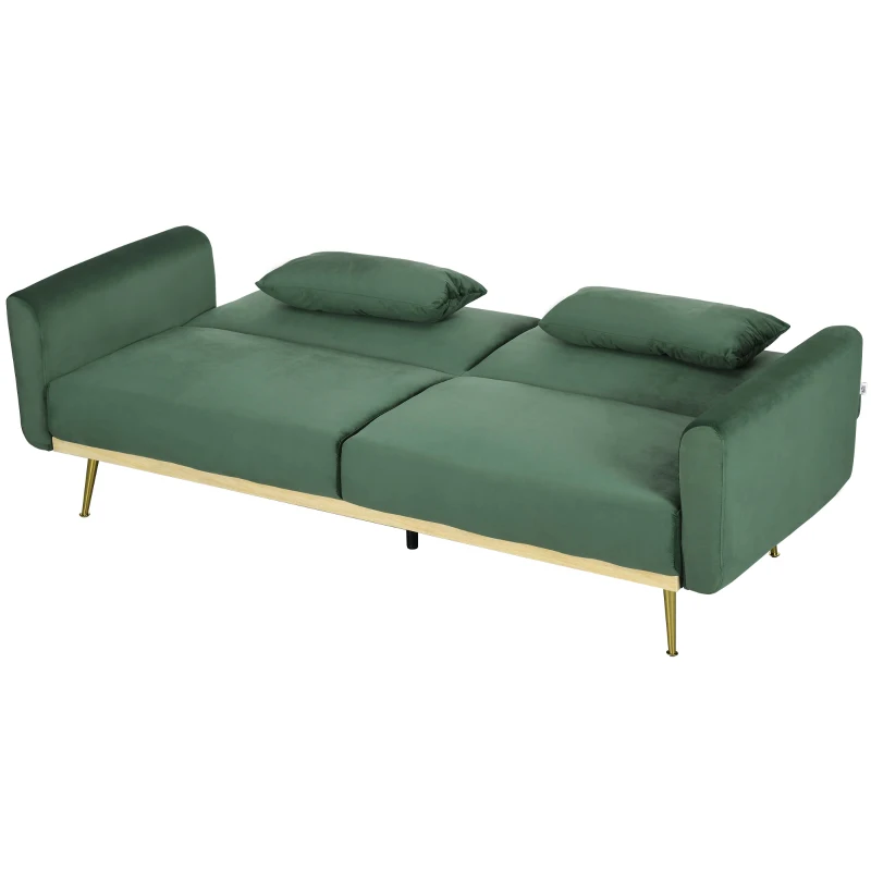 HOMCOM Canapea Extensibilă cu 3 Locuri, 2 Perne, Picioare Pliabile și Spătar Reglabil, 206x81x83 cm, Verde