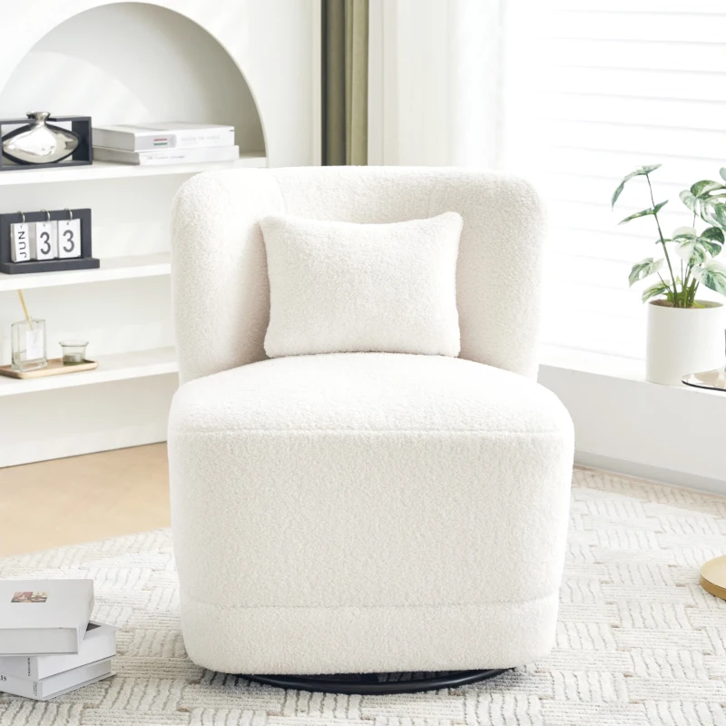 Fauteuil Relax Inclinable Pivotant 360° en Velours Teddy avec Coussin Lombaire Amovible et Base Antidérapante, 58x63x72 cm, Blanc