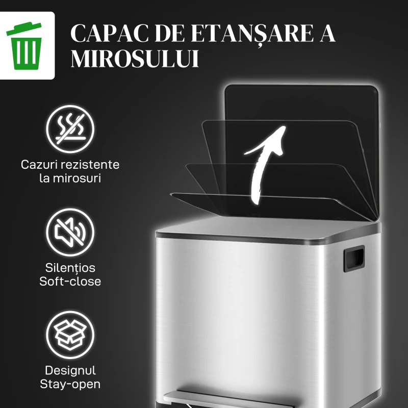 HOMCOM Coș de Gunoi cu 2 Compartimente de 15L cu Pedală, și Capac Silențios din Oțel, 41,8x36,7x44 cm, Argintiu