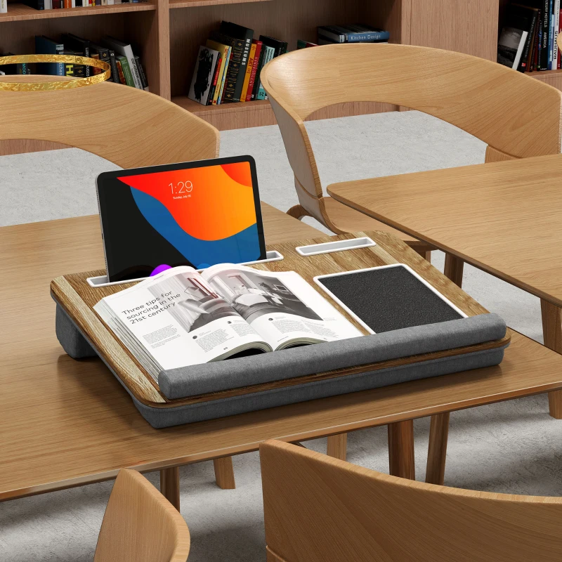 HOMCOM Supporto per Laptop da 15.6" con Tappetino Mouse e Poggia Polsi, Slot per Tablet e Smartphone, Rovere