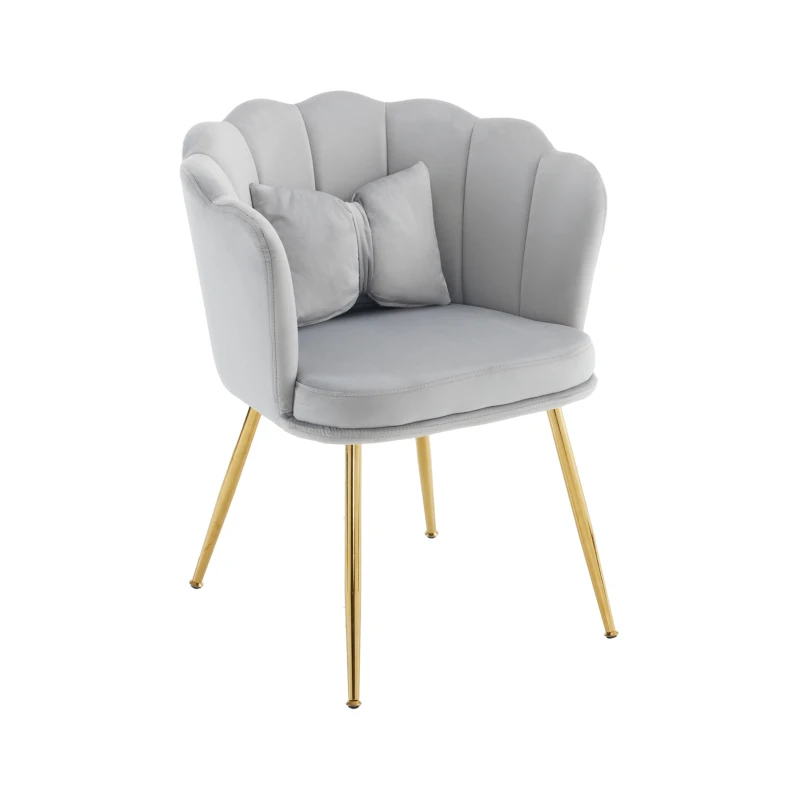 Ensemble de 2 Fauteuils de Bureau en Velours avec Dossier en Pétale, Pieds Métalliques Dorés et Coussins Papillon, 63x58x77 cm, Gris