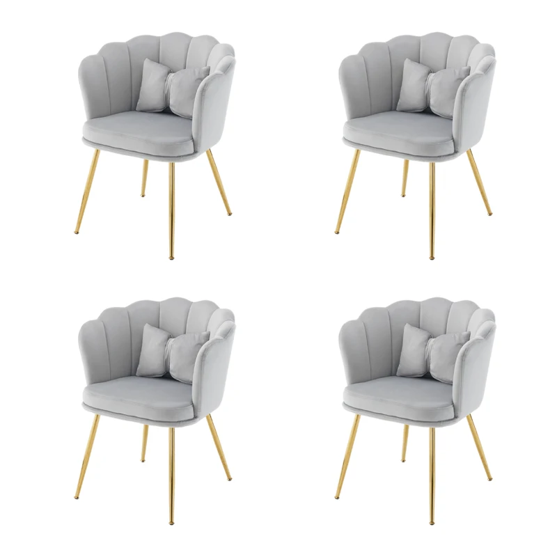 Ensemble de 4 Chaises de Salle à Manger et Salon en Velours avec Dossier en Pétale, Pieds Métalliques Dorés et Coussins en Papillon, 63x58x77 cm, Gris