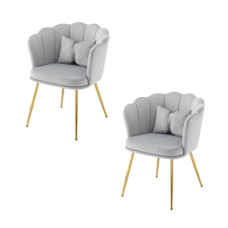 Ensemble de 2 Fauteuils de Bureau en Velours avec Dossier en Pétale, Pieds Métalliques Dorés et Coussins Papillon, 63x58x77 cm, Gris