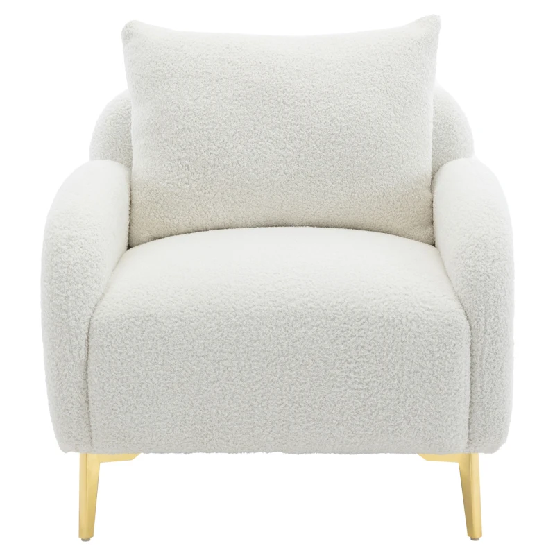 Poltroncina da Salotto in Velluto Teddy Moderna e Semplice con Cuscino, Struttura in Legno Massiccio e Gambe in Metallo Dorato, 75,5x75x81 cm, Bianco