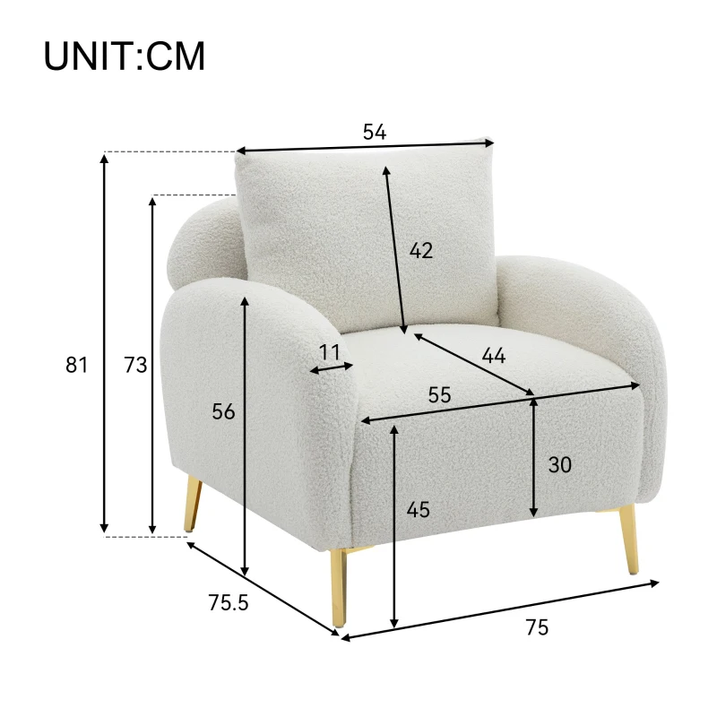 Poltroncina da Salotto in Velluto Teddy Moderna e Semplice con Cuscino, Struttura in Legno Massiccio e Gambe in Metallo Dorato, 75,5x75x81 cm, Bianco