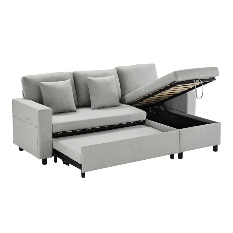 Divano Letto Multifunzione a L con Chaise Lounge Reversibile, Scomparto Nascosto, Contenitore, Moderno, Divano Letto Angolare a 3 Posti, Grigio Chiaro