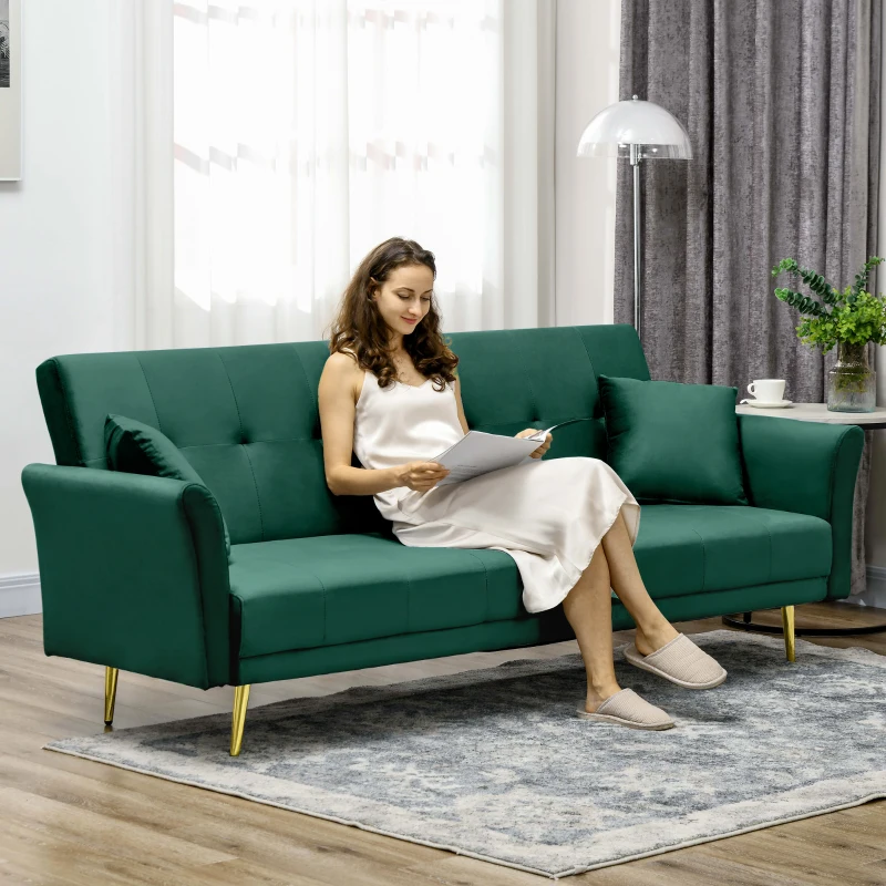 HOMCOM Canapea Extensibilă Clic Clac cu Spătar Reglabil și 2 Perne, din Material cu Efect Catifea, 215x83x87 cm, Verde