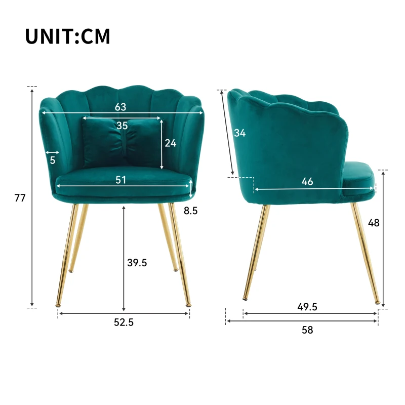 Ensemble 6 chaises salle à manger modernes velours, dossier pétale, pieds métalliques dorés, coussins en forme de papillon, Chaises rembourrées, Vert