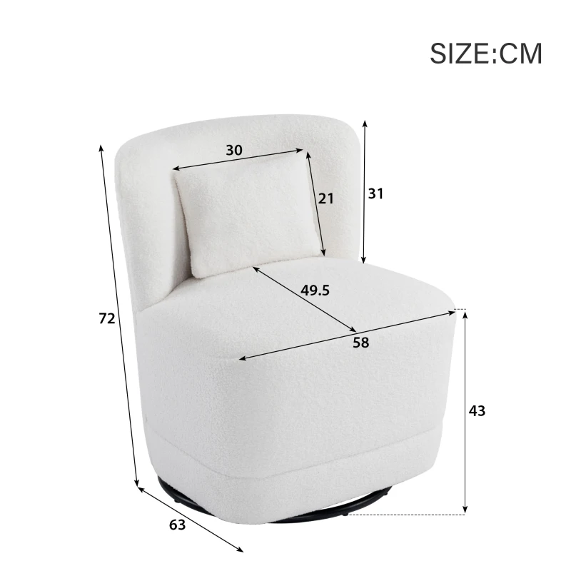 Fauteuil Relax Inclinable Pivotant 360° en Velours Teddy avec Coussin Lombaire Amovible et Base Antidérapante, 58x63x72 cm, Blanc