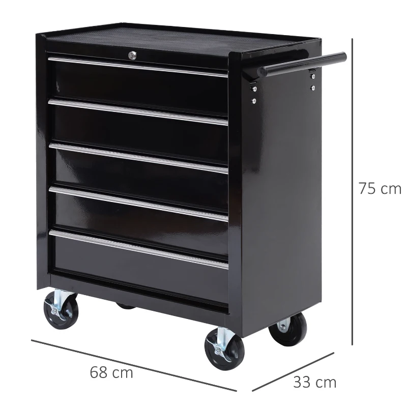 HOMCOM 5-Drawer Tool Chest with Wheels, Steel Lockable Tool Storage Cabinet with Handle, 2 Keys for Garage, Workshop, Black