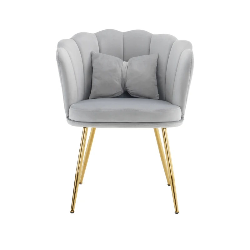 Fauteuil Design Moderne en Velours pour Salon avec Dossier en Pétale et Pieds Métalliques Dorés, Coussin Papillon, 63x58x43 cm, Gris