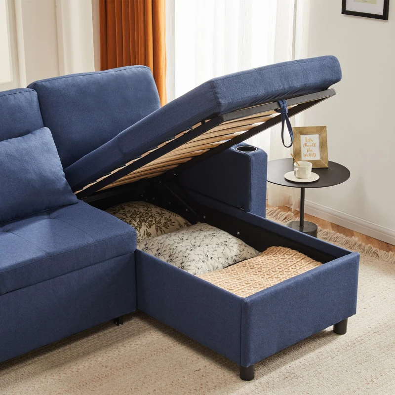 Canapé-lit multifonctionnel en forme de L avec chaise longue réversible, rangement caché et poches de rangement, design moderne, grand confort, Bleu