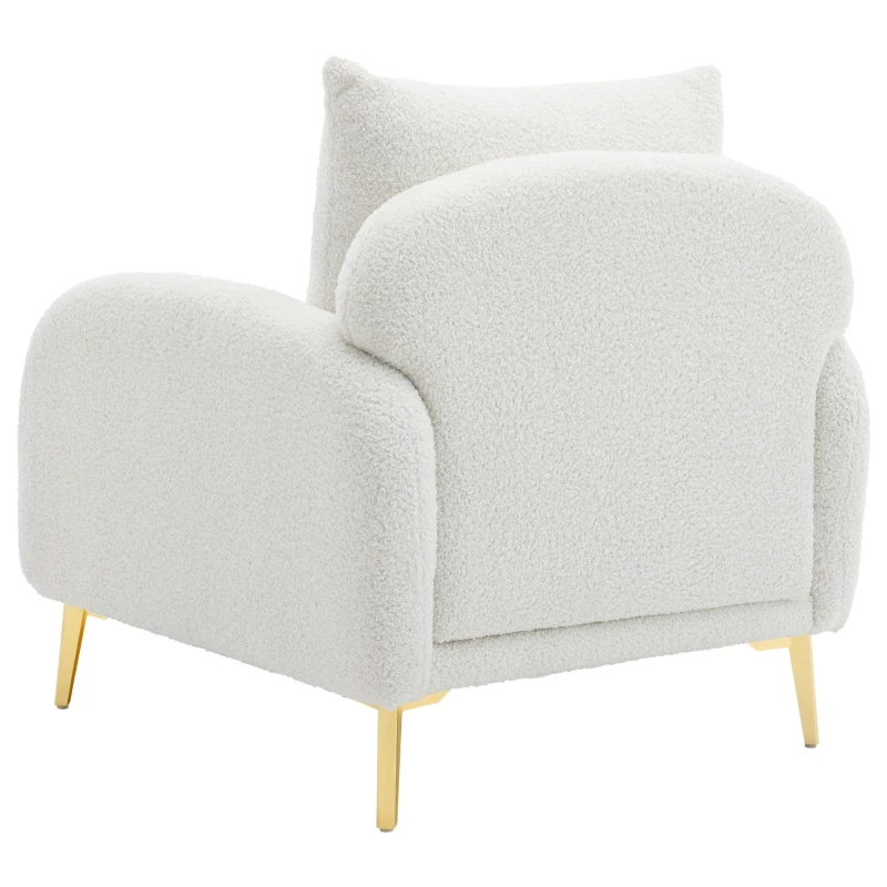 Fauteuil Lounge en Velours Teddy Moderne et Simple avec Coussin, Structure en Bois Massif et Pieds en Métal Doré, 75,5x75x81 cm, Blanc