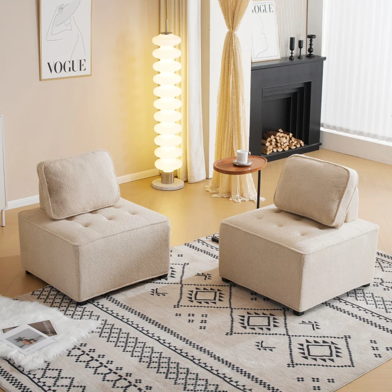 Canapé Modulaire et Confortable pour Salon en Velours Teddy, Déhoussable, Grand Confort, 2 Coussins Fournis, Fauteuils Canapés Divans, Beige