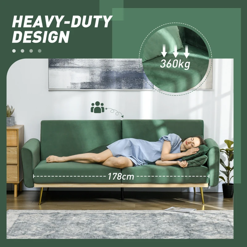 HOMCOM Canapea Extensibilă cu 3 Locuri, 2 Perne, Picioare Pliabile și Spătar Reglabil, 206x81x83 cm, Verde