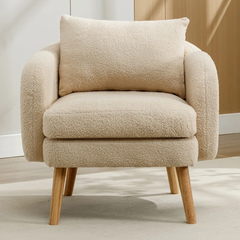 Fauteuil Relax Moderne en Velours Teddy avec Coussin, Assise Extra Épaisse, 71x72x71 cm, Fauteuil Lounge de Salon, Beige